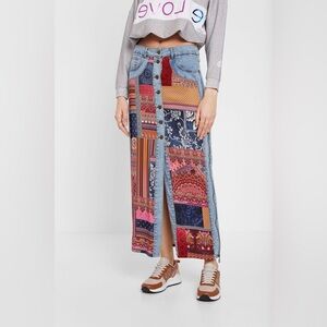 Desigual denim midi skirt with patterned fabric
